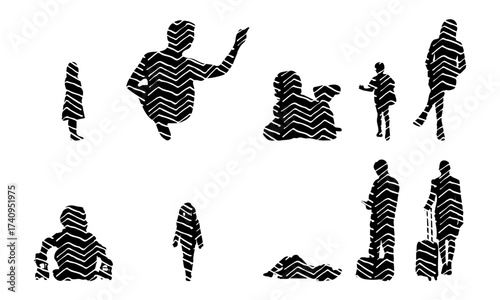 Vector illustration, Outline silhouettes of people, Contour drawing, people silhouette, Icon Set Isolated , Silhouette of sitting people, Architectural set