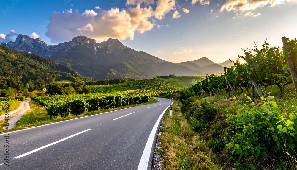 Naklejka premium A scenic road winds through a vibrant vineyard, leading towards majestic mountains under a partly cloudy sky at sunset