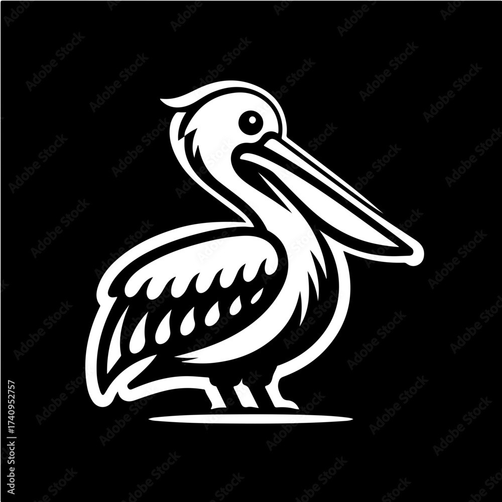 Obraz premium Illustration of a white pelican with black background in a stylized and simplified vector drawing style