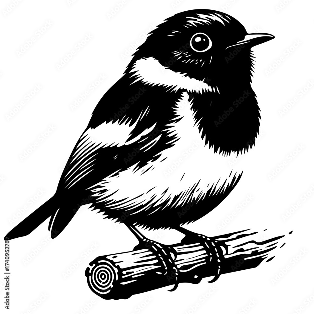 Naklejka premium Illustration of a black and white bird with detailed feathers perched on a small wooden branch artwork