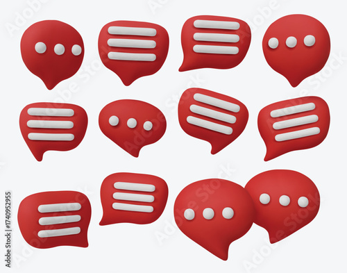 Set of red 3D chat bubbles with text symbols, perfect for messaging, social media, communication, and digital interaction concepts