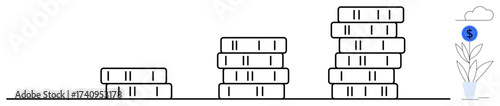 Stacked coins increasing in height next to a flowerpot with a dollar sign and a growth icon. Ideal for finance, savings, economics, investment, business growth, wealth, simple flat metaphor