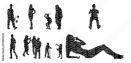 Vector illustration, Outline silhouettes of people, Contour drawing, people silhouette, Icon Set Isolated , Silhouette of sitting people, Architectural set