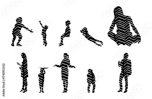 Vector illustration, Outline silhouettes of people, Contour drawing, people silhouette, Icon Set Isolated , Silhouette of sitting people, Architectural set