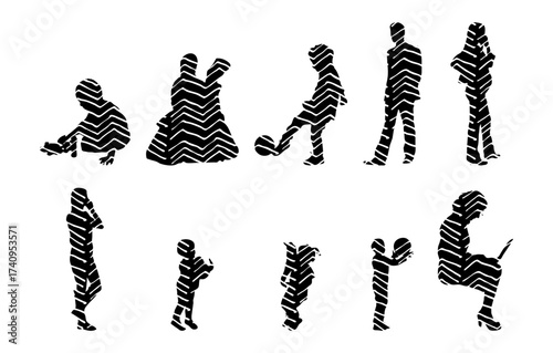 Vector illustration, Outline silhouettes of people, Contour drawing, people silhouette, Icon Set Isolated , Silhouette of sitting people, Architectural set
