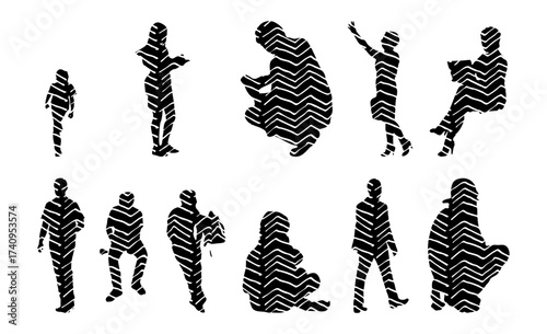 Vector illustration, Outline silhouettes of people, Contour drawing, people silhouette, Icon Set Isolated , Silhouette of sitting people, Architectural set