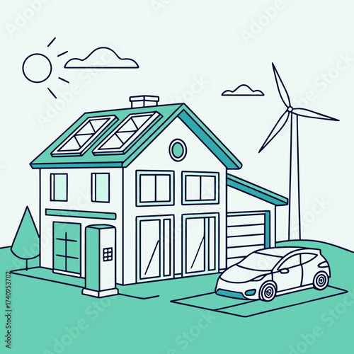 Residential clean energy setup in isometric vector, featuring solar cell panels, home battery storage, and EV car for ecological sustainable living.