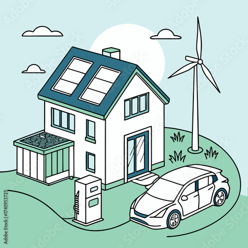 Isometric illustration of residential solar panels charging home battery unit, supplying clean energy to electric car, emphasizing eco-friendly energy solutions.