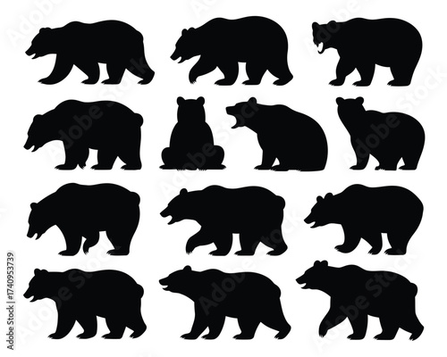 Collection of 12 diverse black bear silhouettes vector graphics scalable eps illustration animal wildlife icon silhouette vector illustration white background