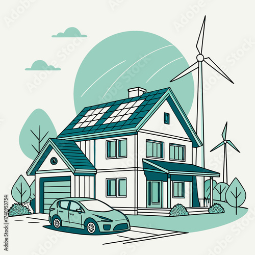 Isometric isolated illustration of home battery energy storage system connected to rooftop solar panels, powering eco-friendly EV car with clean energy.