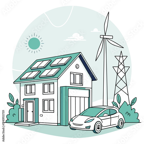 Home solar energy system with battery storage and electric vehicle, isometric vector showing sustainable clean power and ecological energy management.