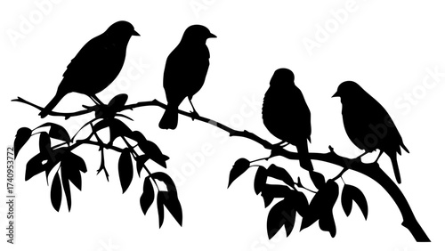 Elegant silhouette of four birds perched on a leafy branch, creating a peaceful natural scene with a modern, minimalist feel, perfect for design projects
