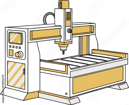 Isometric cartoon illustration of CNC cutting machine with computer control, operating on metal or wood sheet in industrial workshop setting.