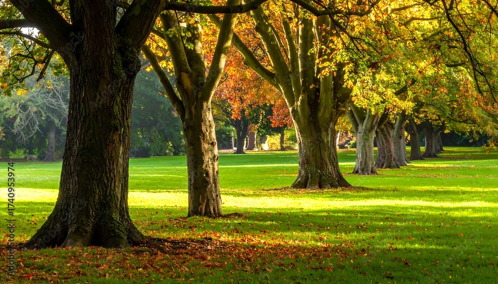 Fototapeta premium A scenic view of autumn trees in a park, sunlit and colorful. Lawn covered with fallen leaves. Nature's beauty is captured