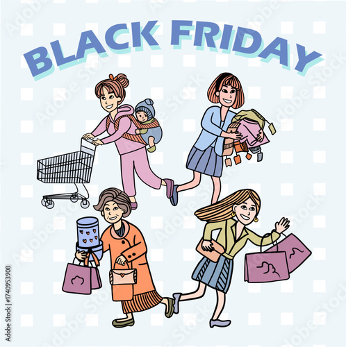 black friday sale shopping cartoon flat vector design characters with shopping bags mall crowd and festive discount marketing