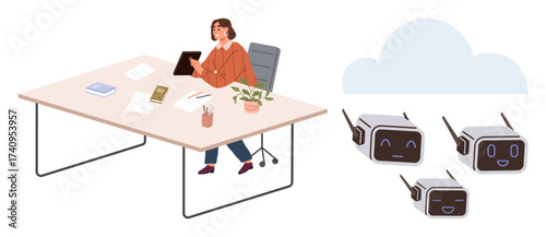 Woman seated at office desk using tablet beside papers and plants, connected to clouds with smiling AI robots. Ideal for AI, remote work, automation, innovation, collaboration, technology, modern