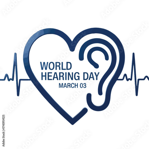 World Hearing Day March 03 heart and ear graphic with electrocardiogram vector