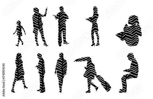 Vector illustration, Outline silhouettes of people, Contour drawing, people silhouette, Icon Set Isolated , Silhouette of sitting people, Architectural set