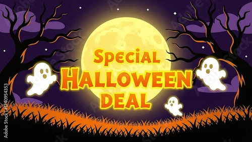 Cartoon Halloween Animation with Ghosts, Moon and Trees