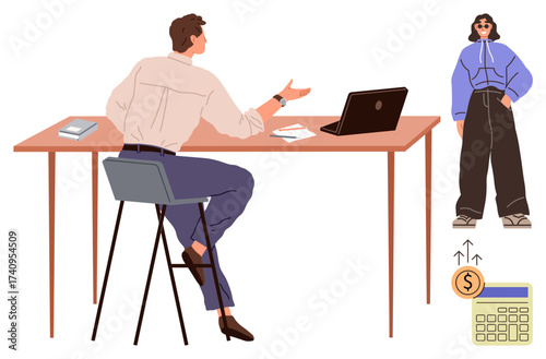 Man sitting at desk speaking to casually dressed individual while icons of cash growth and calculator appear nearby. Ideal for recruitment, career, consultation, workplace, negotiation, finance