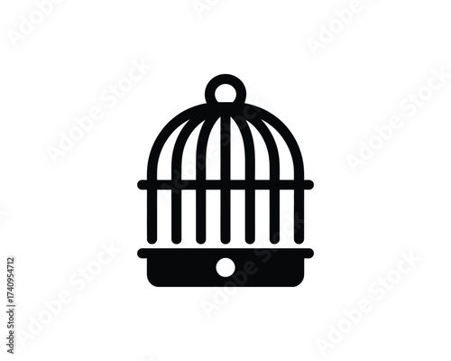 Minimalist black and white vector illustration icon of a bird cage scalable eps graphic art silhouette vector illustration white background