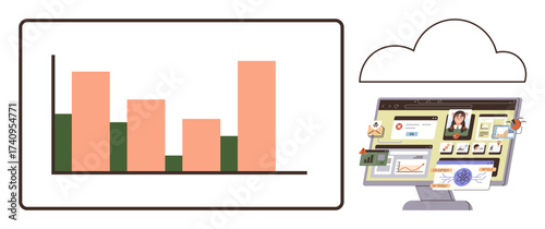 Bar chart data analytics paired with cloud-hosted management dashboard for tasks thumbs up digital organization, remote access, collaboration, and more. Ideal for business, technology, strategy