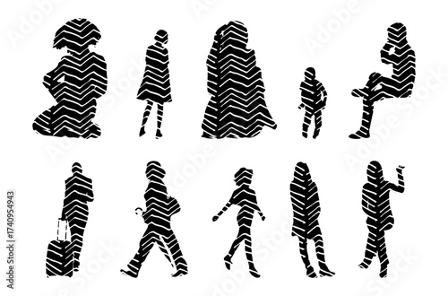 Vector illustration, Outline silhouettes of people, Contour drawing, people silhouette, Icon Set Isolated , Silhouette of sitting people, Architectural set
