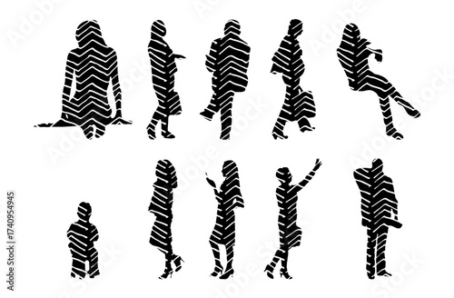 Vector illustration, Outline silhouettes of people, Contour drawing, people silhouette, Icon Set Isolated , Silhouette of sitting people, Architectural set