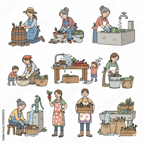 Women mopping floors in various outfits