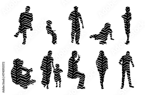 Vector illustration, Outline silhouettes of people, Contour drawing, people silhouette, Icon Set Isolated , Silhouette of sitting people, Architectural set