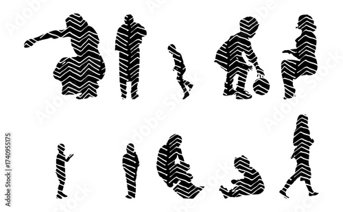 Vector illustration, Outline silhouettes of people, Contour drawing, people silhouette, Icon Set Isolated , Silhouette of sitting people, Architectural set