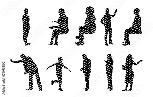 Vector illustration, Outline silhouettes of people, Contour drawing, people silhouette, Icon Set Isolated , Silhouette of sitting people, Architectural set