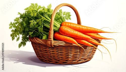A woven basket brimming with fresh carrots and vibrant green carrot tops, casting a shadow against a white background