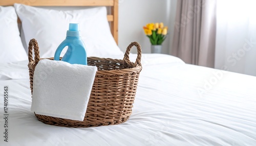A woven basket holding laundry detergent and a folded white towel sits on a pristine, white-sheeted bed, with yellow tulips in the background
