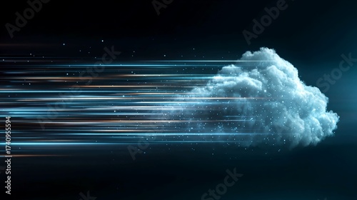 Dynamic cloud computing concept with glowing speed lines showcasing fast data transfer and modern tech solutions for business, illustrating connectivity and digital transformation