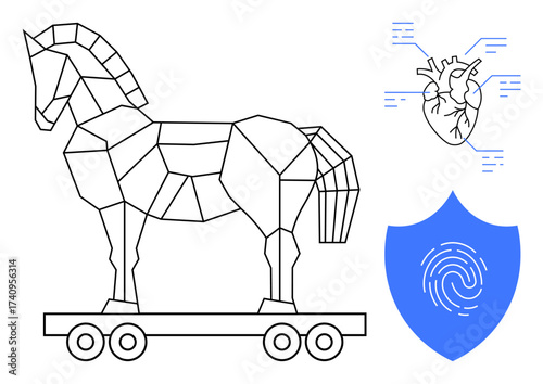 Geometric Trojan horse on wheels, heart with signal lines, blue fingerprint shield. Ideal for cybersecurity, data privacy, digital threats, health technology, biometric security, encryption simple
