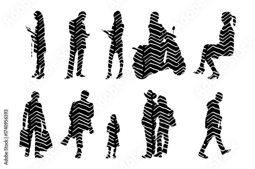 Vector illustration, Outline silhouettes of people, Contour drawing, people silhouette, Icon Set Isolated , Silhouette of sitting people, Architectural set