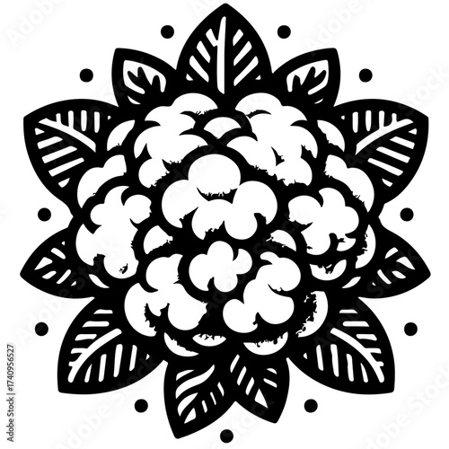 Illustration of a symmetrical floral arrangement with leaves and circular dots in black and white style