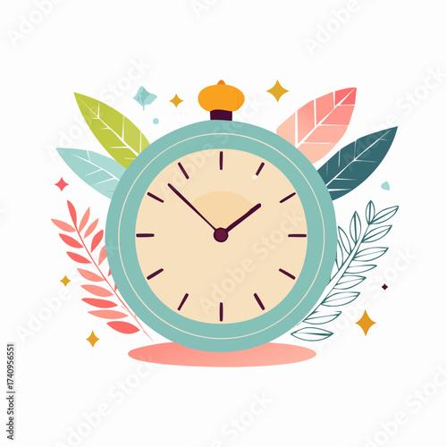 Clock with flower illustration showing time and hours on the dial face