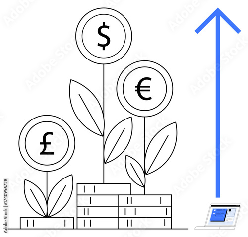 Dollar, euro, and pound currency plants growing on coins, upward arrow signaling growth, device tracking. Ideal for finance, investment, fintech, growth strategy innovation simple flat metaphor