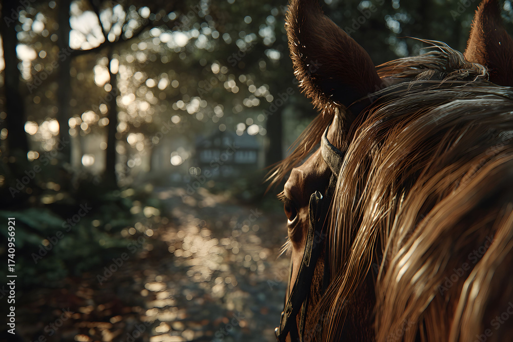 Obraz premium Scenic Autumn Forest Trail View from Horseback for Tranquil Nature Experience