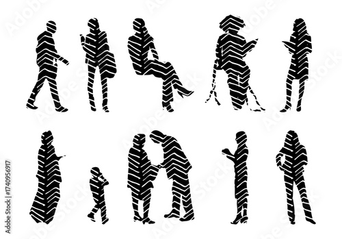 Vector illustration, Outline silhouettes of people, Contour drawing, people silhouette, Icon Set Isolated , Silhouette of sitting people, Architectural set