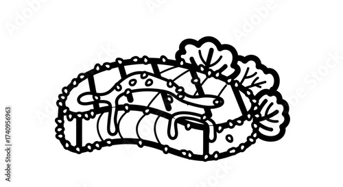 Artistic illustration of a delicious sushi roll with decorative elements and toppings.