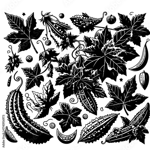 Illustration of bitter melons and leaves in a monochrome color scheme with detailed line work and shading