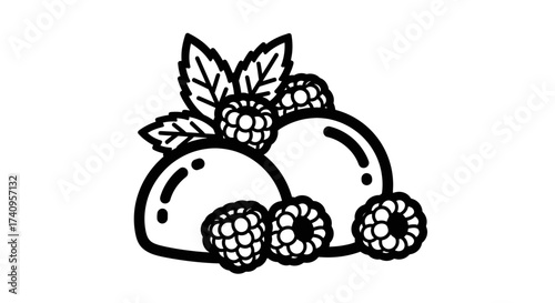 Black and white illustration of mochi with raspberries and mint leaves.