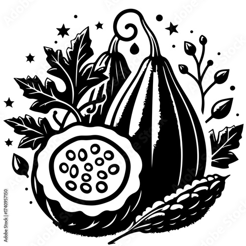 Monochrome illustration of gourds leaves and stars in a decorative arrangement in a circular format