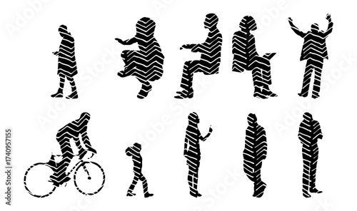 Vector illustration, Outline silhouettes of people, Contour drawing, people silhouette, Icon Set Isolated , Silhouette of sitting people, Architectural set