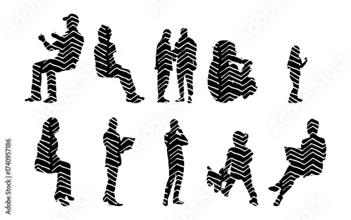 Vector illustration, Outline silhouettes of people, Contour drawing, people silhouette, Icon Set Isolated , Silhouette of sitting people, Architectural set