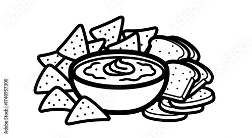 Delicious appetizer with chips bread slices and creamy dip in a bowl.