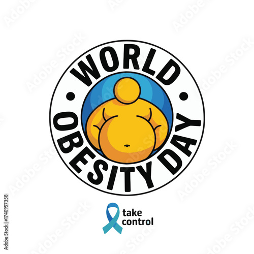 World Obesity Day cartoon figure with blue ribbon and take control text person